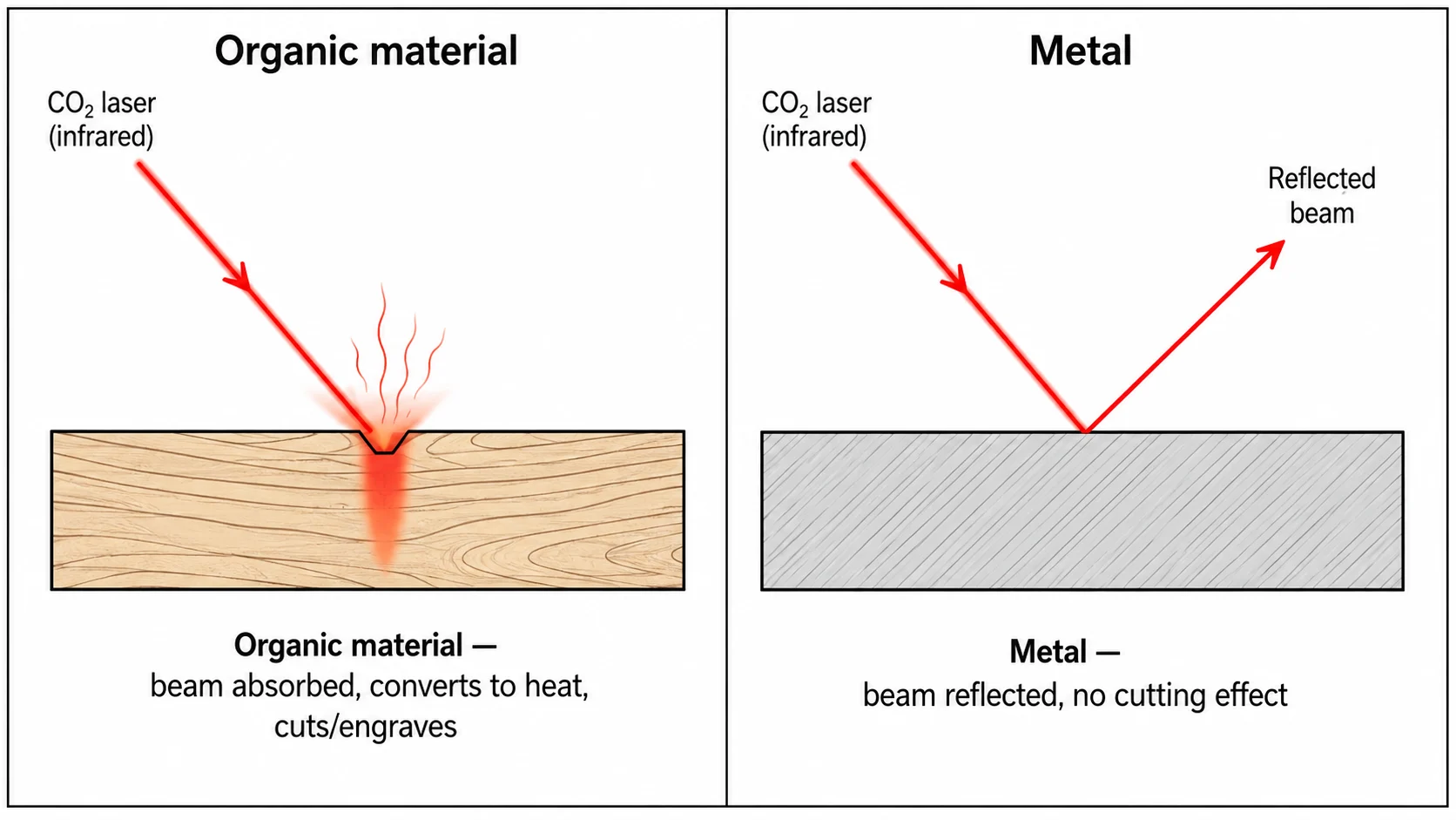 Diagram comparing CO2 laser beam absorption on organic materials versus reflection off metal surfaces